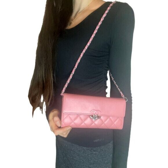 Authentic CHANEL CC Lambskin Quilted Box Flap Wallet on Chain Pink Shoulder WOC - Picture 2 of 14